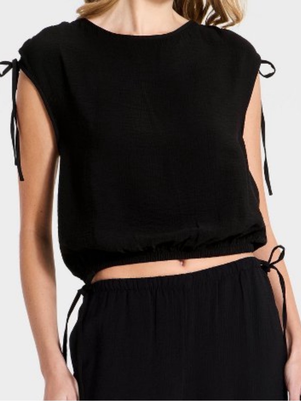 NWT A New Day Black Modern Gauze Side-Tie Top XS Cap Sleeve Crop Blouse